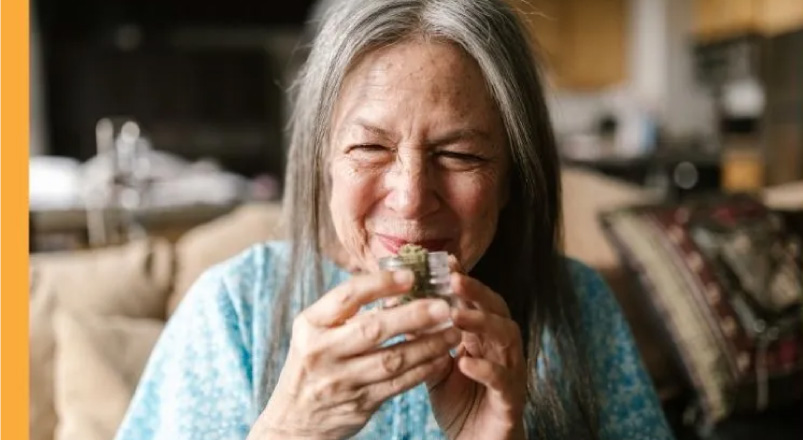 Mature woman smelling cannabis flower