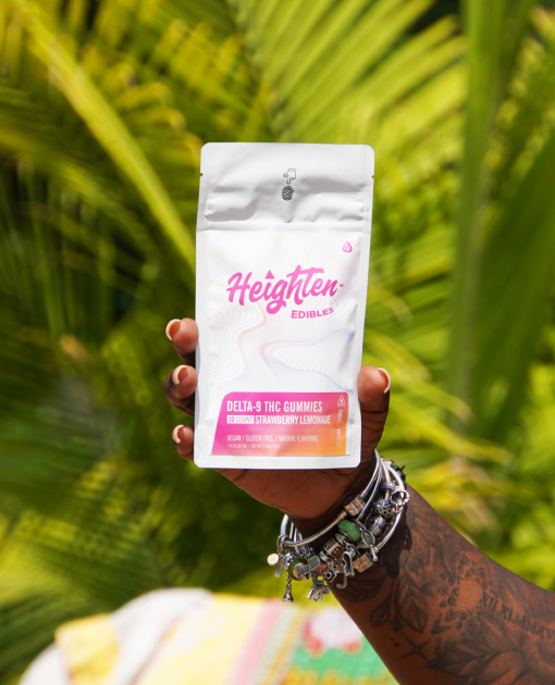 Hand holding thc gummy pouch in front of plants
